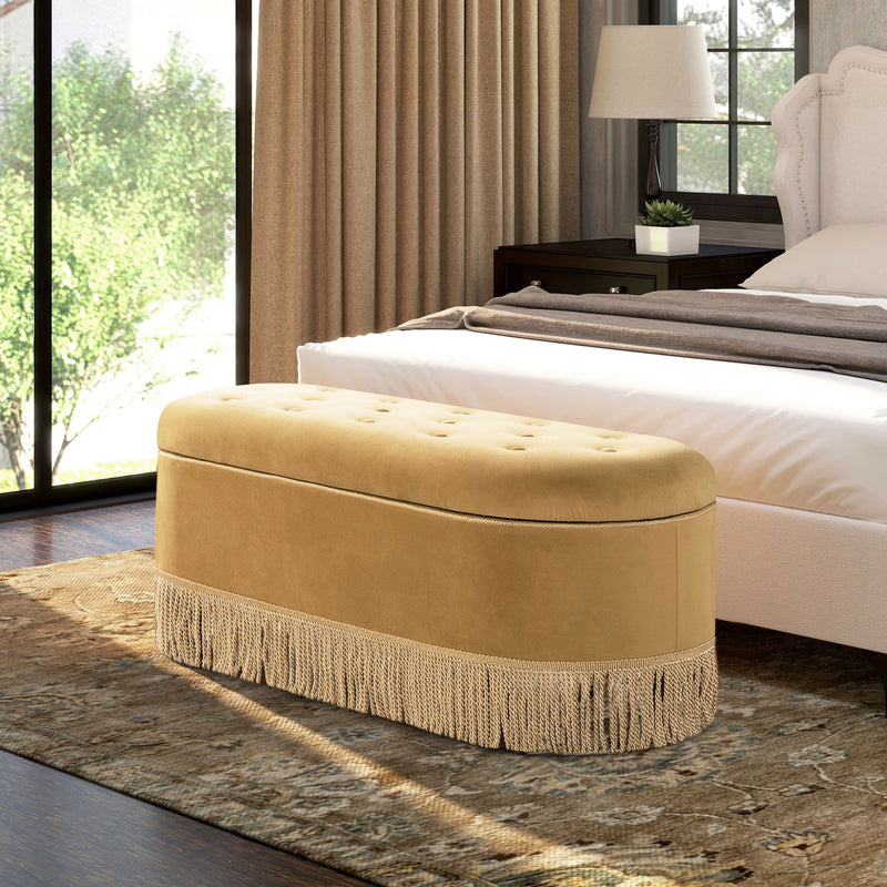 Melinda - Oval Tufted Bullion Fringe Storage Bench - R&R Furniture Gallery (Fountain Valley, CA)