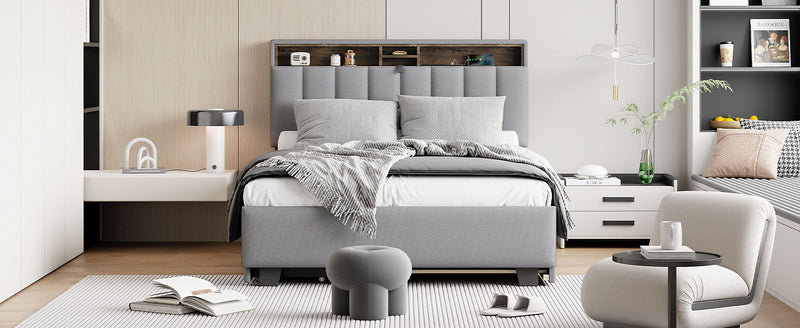Upholstered Platform Bed With Storage Headboard, Trundle & 2 Drawers And A Set Of Sockets & USB Ports - R&R Furniture Gallery (Fountain Valley, CA)