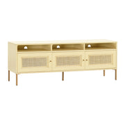 TOV Furniture Sierra media console TV stand with open shelving and sleek wood finish, ideal for modern living rooms.