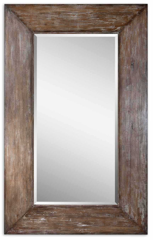 Large dark brown wood wall mirror from Uttermost's Langford collection, featuring a sleek, rectangular frame and reflective glass surface.
