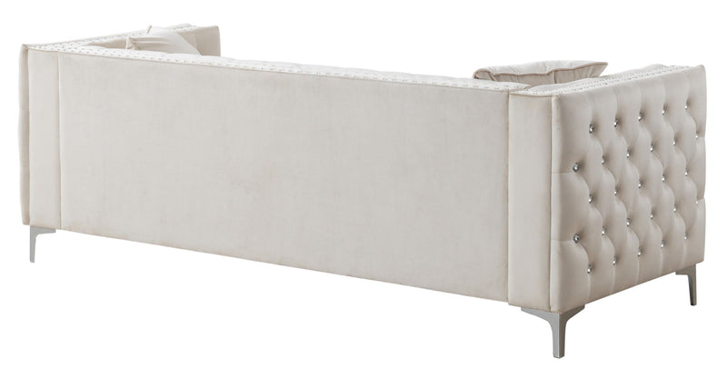 Glory Furniture Paige stationary sofa with plush cushions and modern design, shown in a cozy living room setting.