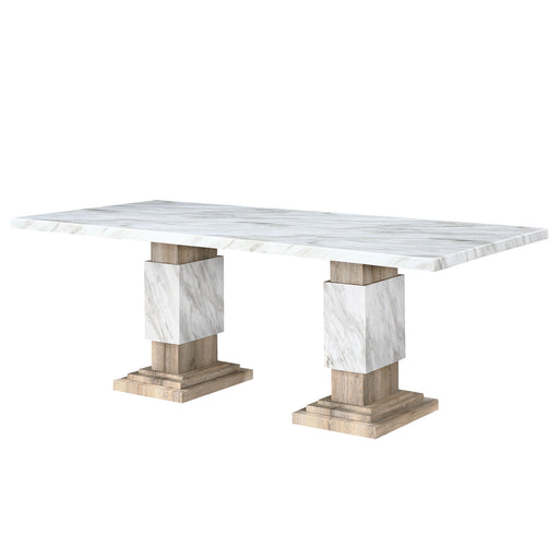 Global Furniture USA Stacey beige dining table with pedestal base, modern design suitable for contemporary dining rooms.