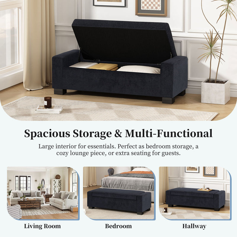 Noble House textured fabric ottoman bench with hinged lid, showcasing soft upholstery and sturdy wooden legs.