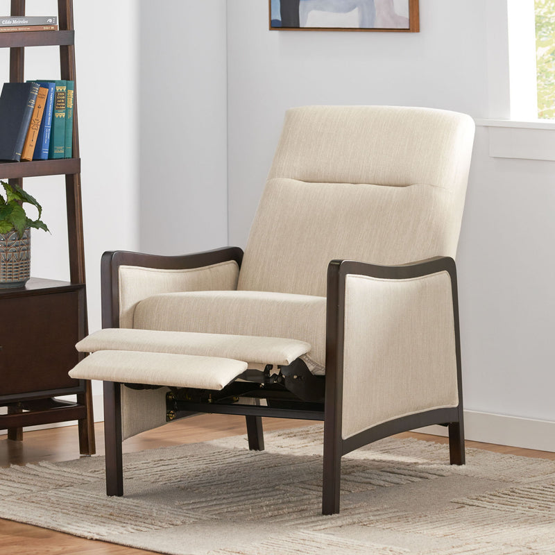 Noble House Drury contemporary fabric upholstered pushback recliner with padded armrests and plush cushioning.