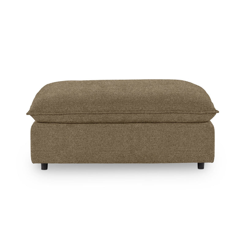 Classic Home Caplan upholstered ottoman with plush fabric and wooden legs, versatile piece for living room or lounge area.