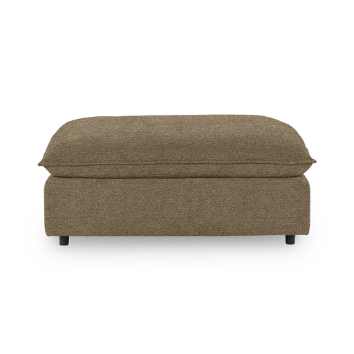 Classic Home Caplan upholstered ottoman with plush fabric and wooden legs, versatile piece for living room or lounge area.