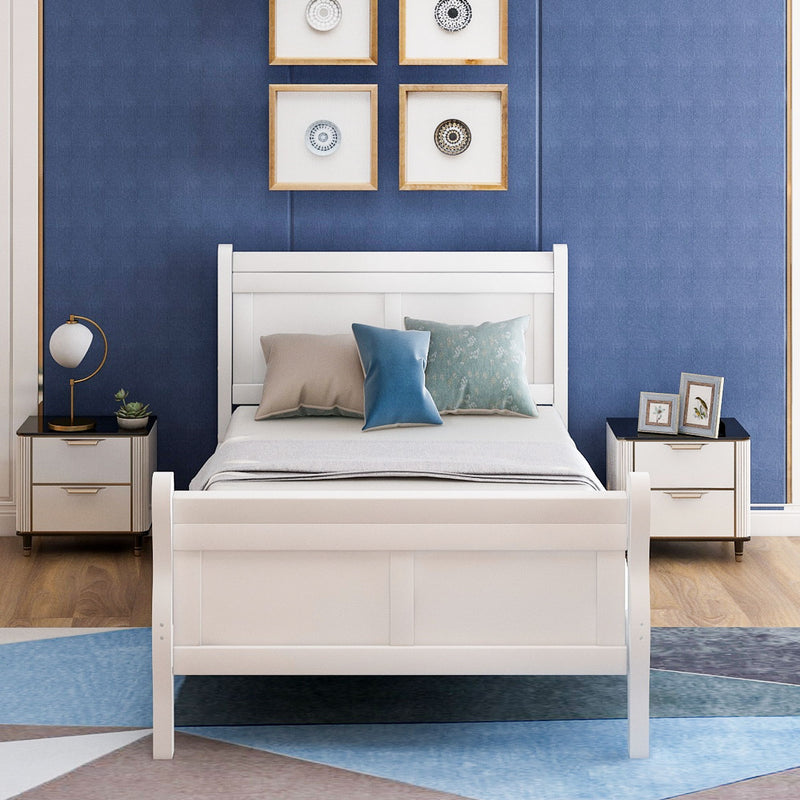 DreamHaus platform bed frame with headboard and footboard, wood slat support, designed for mattress foundation and sleigh bed style.