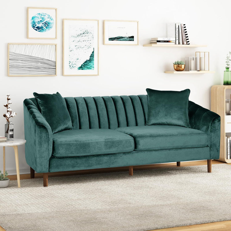 Contemporary Noble House 3-seater stationary sofa with accent pillows and plush fabric, modern living room furniture.