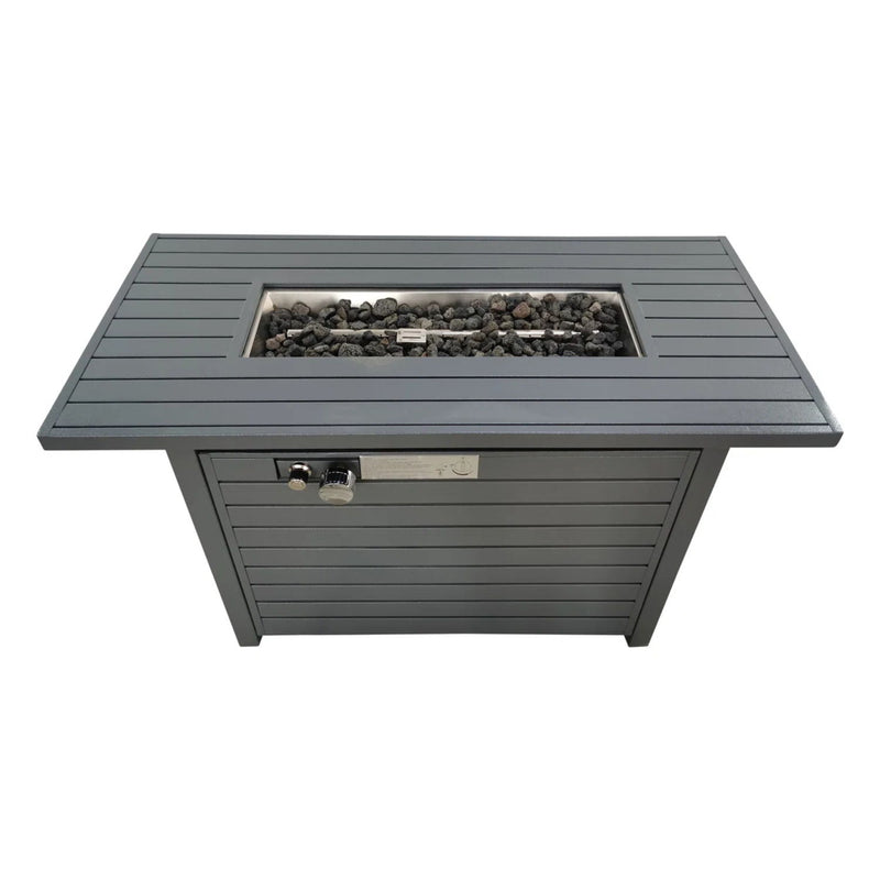 LSI Patio Furniture outdoor fire pit table with lid, showcasing a modern design and versatile fuel options for outdoor heating.