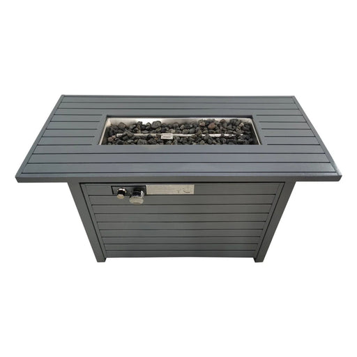 LSI Patio Furniture outdoor fire pit table with lid, showcasing a modern design and versatile fuel options for outdoor heating.