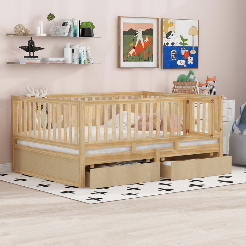 DreamHaus storage daybed with fence guardrails, two drawers, split into floor bed and daybed for versatile sleeping and storage.