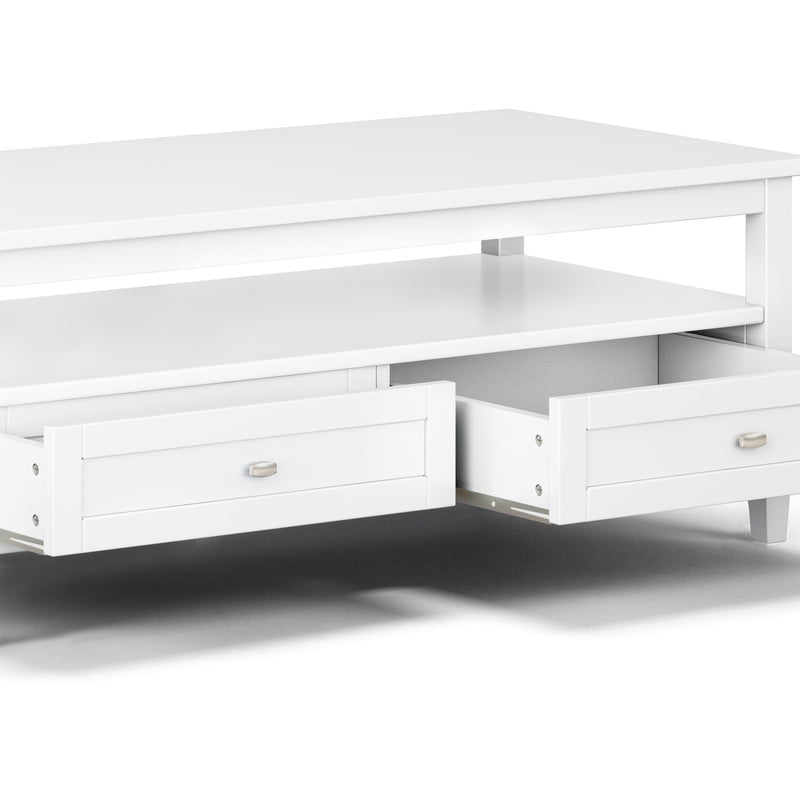 Handcrafted Warm Shaker coffee table by Simpli-Home with a wooden finish and sturdy design for living room decor.