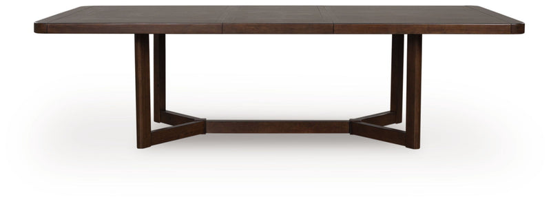 Dark brown Dilenno rectangular dining room extension table by Signature Design Ashley, showing its sleek wooden surface and extendable feature.