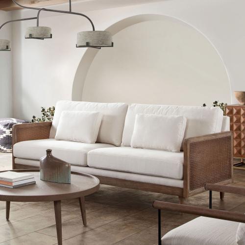 Piper Sofa in White Linen Fabric w/ Natural Rattan