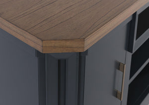 Brown and blue Landocken XL TV stand by Signature Design Ashley with built-in fireplace feature and ample storage.