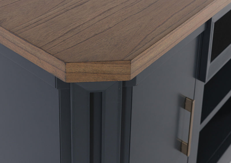 Brown and blue Landocken XL TV stand by Signature Design Ashley with built-in fireplace feature and ample storage.