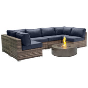 Outdoor 7 Piece Sectional Seating Group With Cushions And Fire Pit - Gray / Navy - R&R Furniture Gallery (Fountain Valley, CA)