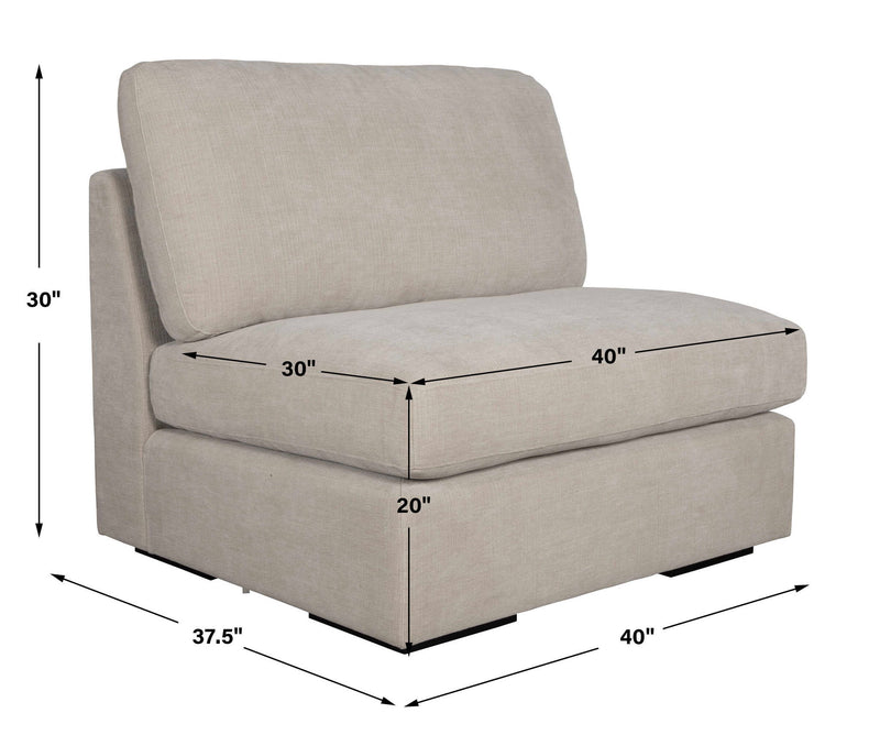 Uttermost Refuge armless stationary sofa with plush fabric upholstery and modern design, shown in a stylish living room setting.