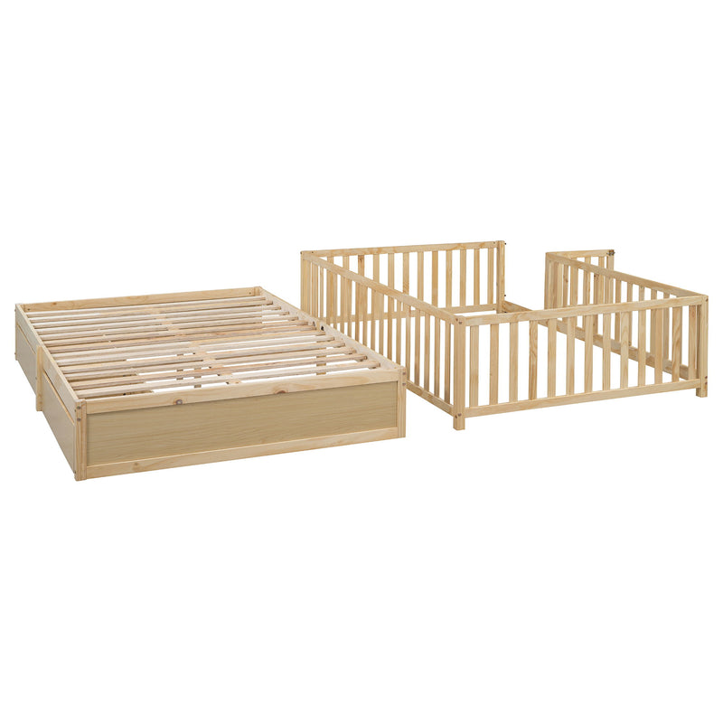 DreamHaus storage daybed with fence guardrails, two drawers, and convertible design for independent floor bed and daybed use.