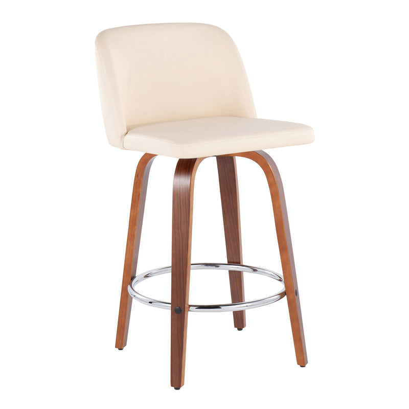Lumi Source Toriano mid-century modern fixed height counter stool set with round footrest, featuring sleek wooden legs and cushioned seats