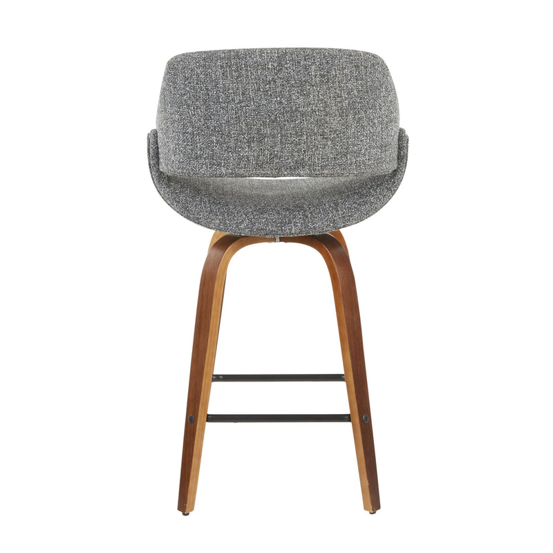 Pair of Lumi Source Fabrico mid-century modern counter stools with wooden seats and metal legs, set of two for kitchen or bar area.