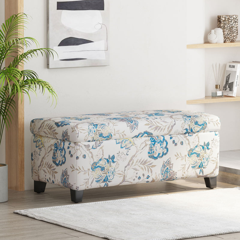 Luxury Storage Ottoman With Floral Patterned Fabric, Soft Close Hinges, Functional Footrest & Seat - Blue Flower / Blue Multi - R&R Furniture Gallery (Fountain Valley, CA)