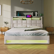 Artistry At Home upholstered platform storage bed with hydraulic lift, LED lights, and USB charging ports, without mattress.