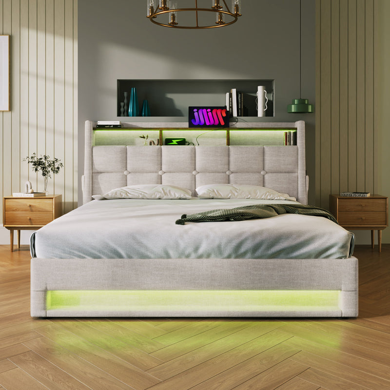 Artistry At Home upholstered platform storage bed with hydraulic lift, LED lights, and USB charging ports, without mattress.