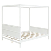 DreamHaus canopy platform bed with headboard, footboard, and slat support legs shown in a stylish bedroom setting.