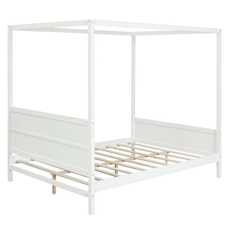 DreamHaus canopy platform bed with headboard, footboard, and slat support legs shown in a stylish bedroom setting.