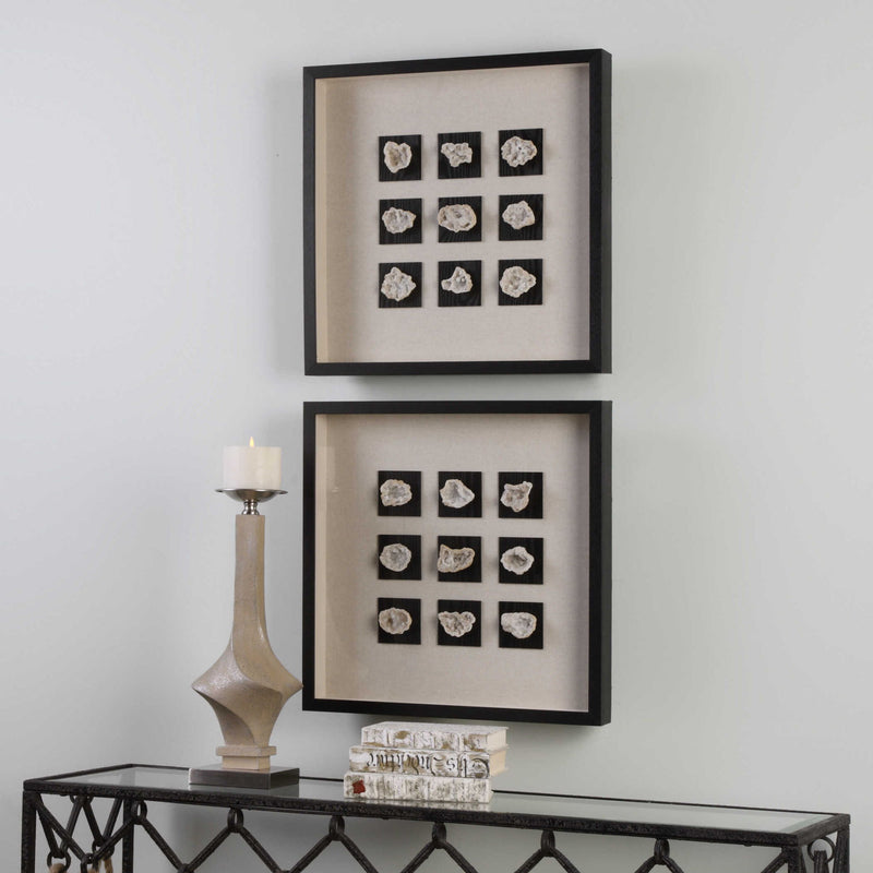 Black linen shadow box wall decor featuring a geode design by Uttermost, perfect for modern interior accents.