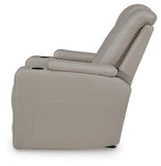 Signature Design by Ashley Elevate Edges Glider Recliner in Coin fabric, showing plush cushion and wooden base for comfortable seating.