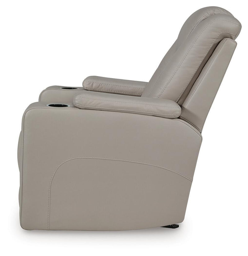 Signature Design by Ashley Elevate Edges Glider Recliner in Coin fabric, showing plush cushion and wooden base for comfortable seating.