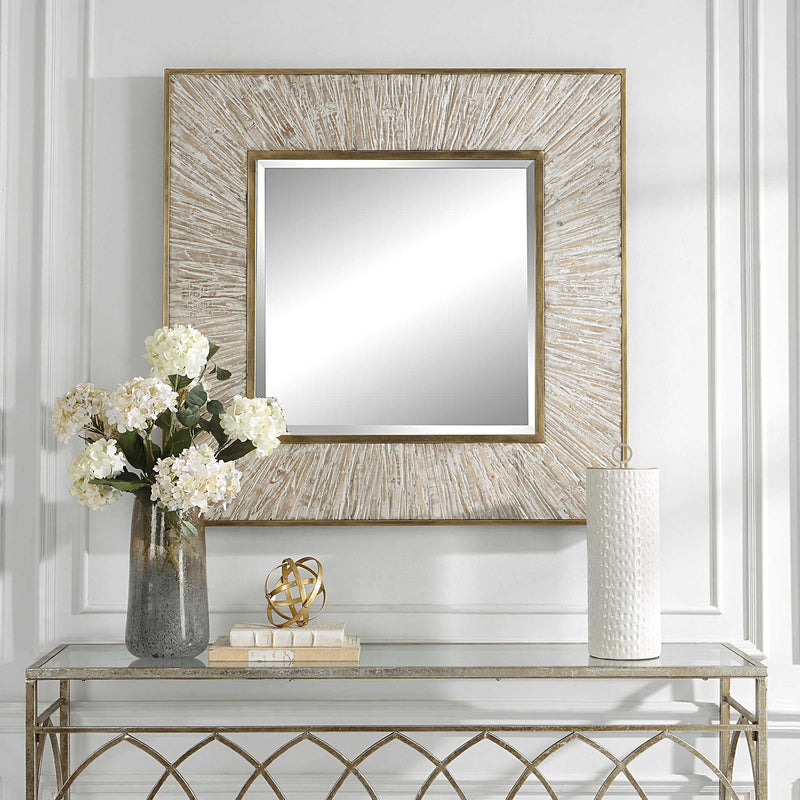 Gold square accent mirror by Uttermost, featuring a modern square design with a sleek gold frame.