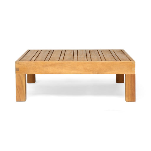 Noble House Mythical square outdoor coffee table with teak frame and slat top, ideal for patio or garden seating areas.