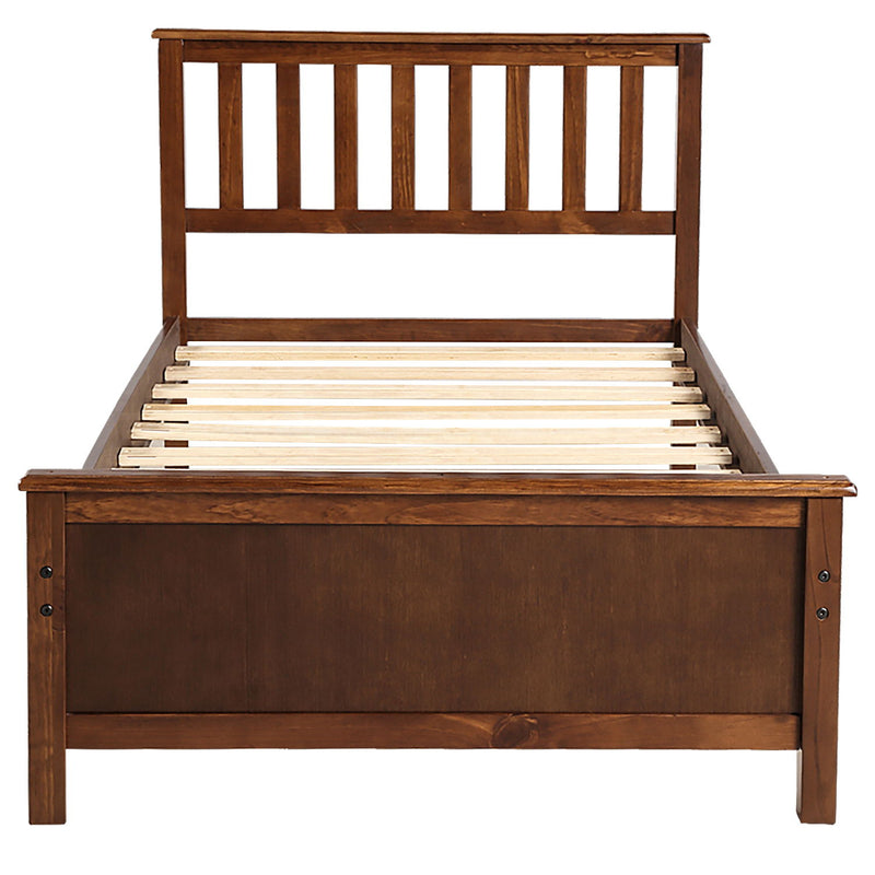 DreamHaus platform bed with headboard, footboard, and wood slat support, showcasing a modern wooden frame and sleek design.