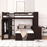 DreamHaus loft bed with twin size standalone bed, shelves, desk, and wardrobe in a modern bedroom setup.