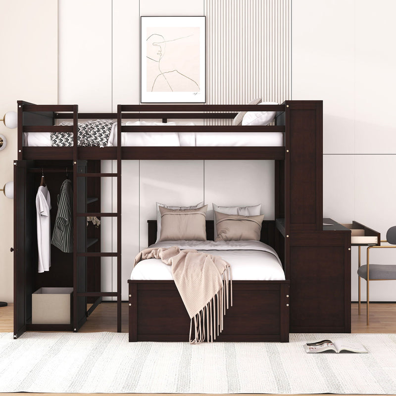 DreamHaus loft bed with twin size standalone bed, shelves, desk, and wardrobe in a modern bedroom setup.