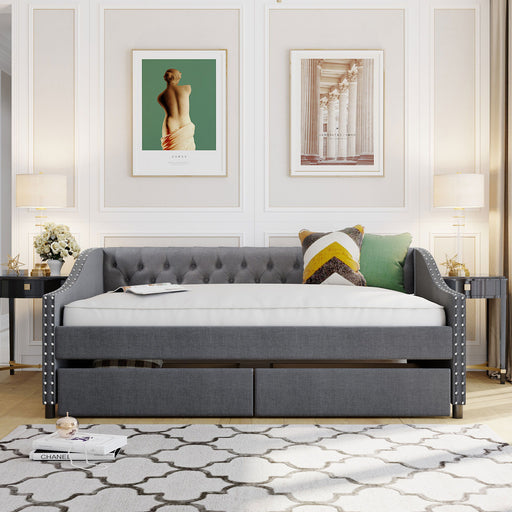 DreamHaus upholstered storage daybed with wood slat support and two built-in drawers, ideal for versatile bedroom seating and storage.