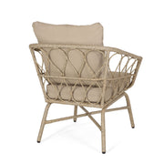 Noble House Bruce outdoor club chair set with brown rattan frames, water-resistant cushions, and iron construction for patio comfort.