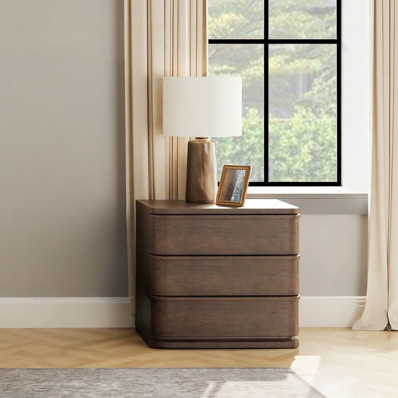 ACME Zoey brown oak accent nightstand with a sleek design and open shelf, perfect for bedroom storage.