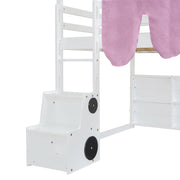 DreamHaus loft bed with house-shaped frame and attached tent, featuring a cozy play area underneath for kids.