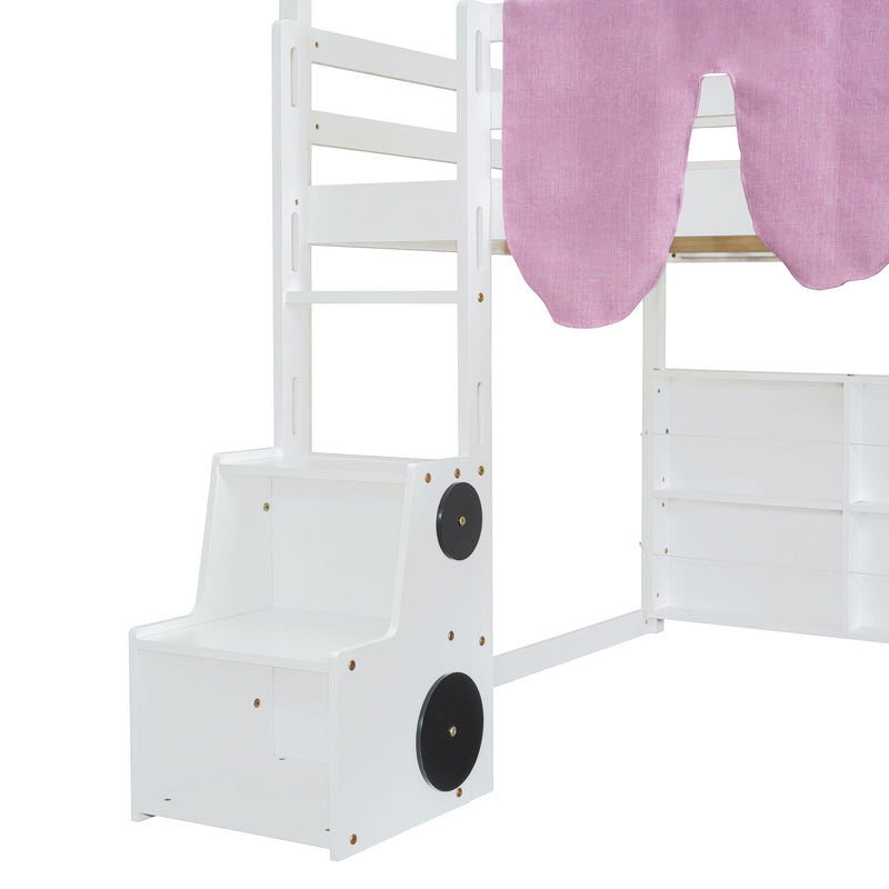 DreamHaus loft bed with house-shaped frame and attached tent, featuring a cozy play area underneath for kids.