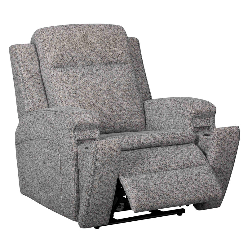 Parker Living Armstrong massage recliner with heat, massage functions, and auto-glide feature, showing plush upholstery and control panel.