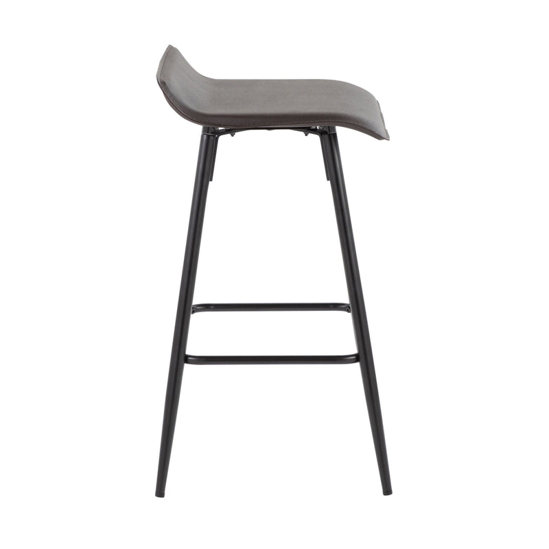 Lumi Source Ale fixed height counter stool set with sleek contemporary design, featuring black cushioned seats and metal legs.