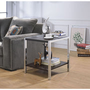 ACME Jethro end table with espresso wood top and chrome metal legs, modern accent furniture for living room or bedroom.