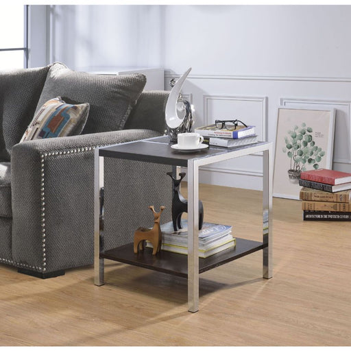 ACME Jethro end table with espresso wood top and chrome metal legs, modern accent furniture for living room or bedroom.
