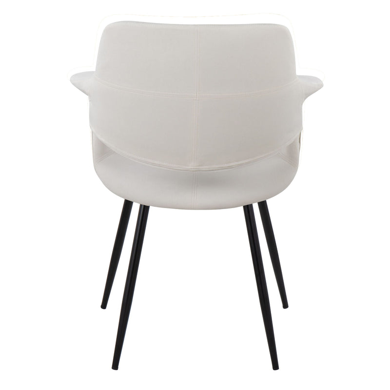 Pair of Lumi Source vintage flair art deco accent chairs with black metal legs, upholstered in blue or cream fabric.