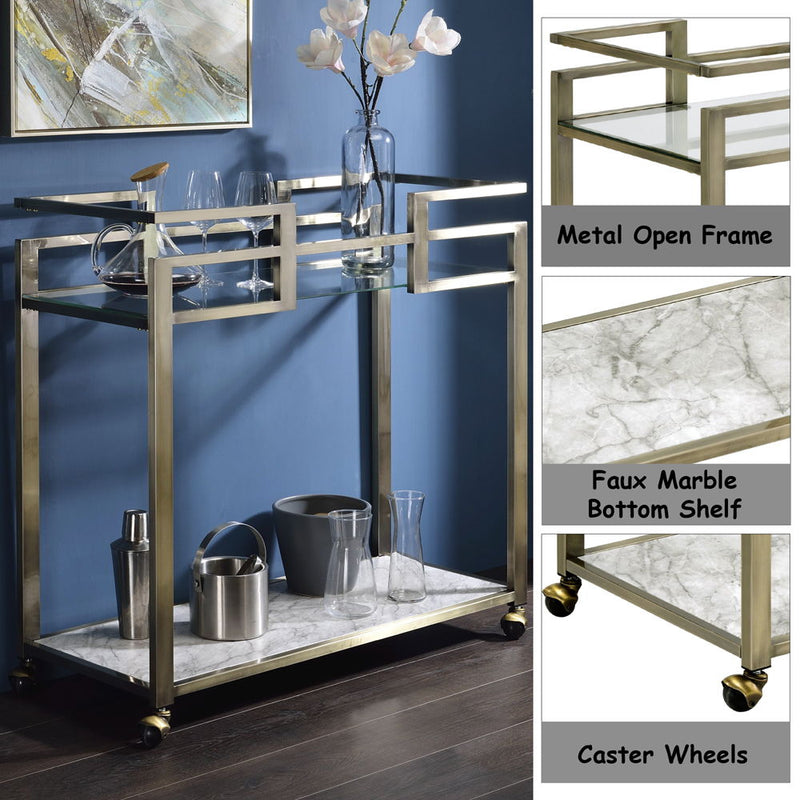 Neilo - Serving Cart - Clear Glass, Faux Marble Top & Wire Brass - R&R Furniture Gallery (Fountain Valley, CA)