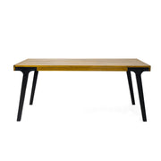 Acacia wood patio dining table by Noble House, 69-inch rectangular outdoor table in teak and black finish.
